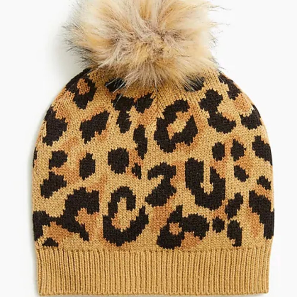 NWT JCrew Leopard faux-fur pom-pom hat